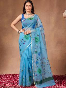 Doria Lifestyle - Blue Floral Print Kota Saree