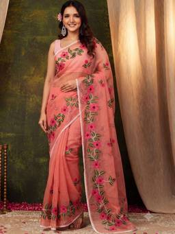 Doria Lifestyle - Peach Floral Kota Saree