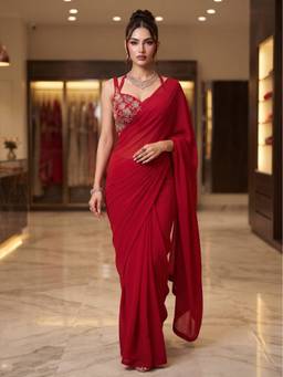 FLOSIVE - Red Rangoli Crush Satin Silk Solid Saree