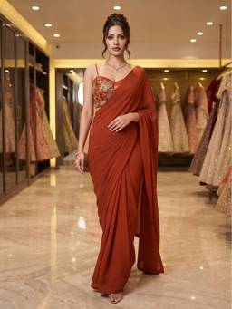 FLOSIVE - Rust Rangoli Crush Satin Silk Solid Saree