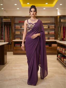 FLOSIVE - Purple Rangoli Crush Satin Silk Solid Saree