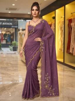 FLOSIVE - Lavender Rangoli Crush Satin Silk Embroidered Saree