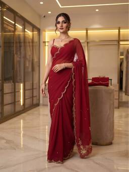 FLOSIVE - Red Rangoli Crush Satin Silk Embroidered Saree