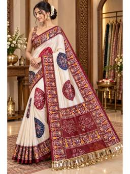 FLOSIVE - Women Pure Ajrakh Satin Viscose Silk Embroidered Mirror Work Saree