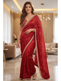 FLOSIVE - Red Space Satin Sequin Embroidered Saree