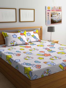 FABINALIV - White Cartoon Print Cotton Blend King Bedsheet with 2 Pillow Covers