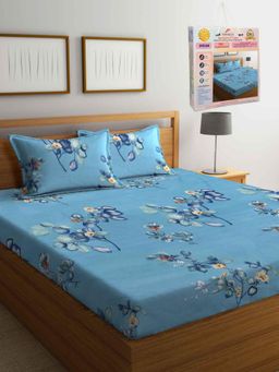 FABINALIV - Blue Floral Cotton Blend King Bedsheet with 2 Pillow Covers