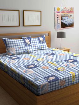 FABINALIV - Blue Cartoon Print Cotton Blend King Bedsheet with 2 Pillow Covers