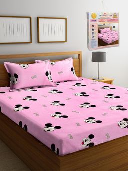 FABINALIV - Pink Cartoon Print Cotton Blend King Bedsheet with 2 Pillow Covers
