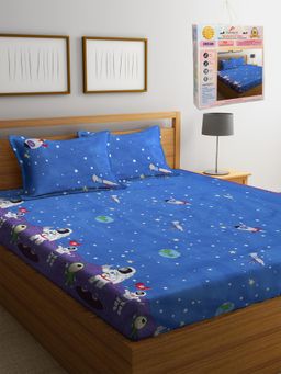 FABINALIV - Blue Cartoon Print Cotton Blend King Bedsheet with 2 Pillow Covers