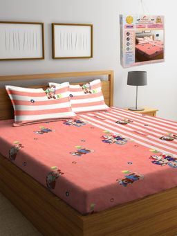 FABINALIV - Peach Cartoon Print Cotton Blend King Bedsheet with 2 Pillow Covers
