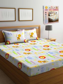 FABINALIV - Multicolor Cartoon Print Cotton Blend King Bedsheet with 2 Pillow Covers