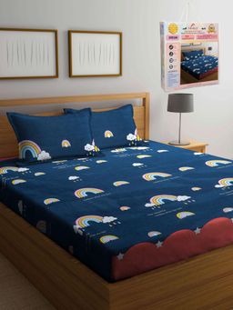 FABINALIV - Blue Cartoon Print Cotton Blend King Bedsheet with 2 Pillow Covers