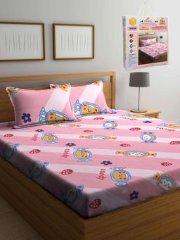 FABINALIV - Pink Cartoon Print Cotton Blend King Bedsheet with 2 Pillow Covers