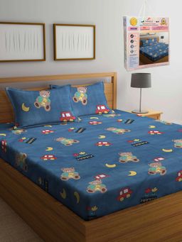 FABINALIV - Blue Cartoon Print Cotton Blend King Bedsheet with 2 Pillow Covers