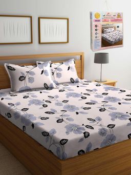 FABINALIV - Cream Floral Cotton Blend King Bedsheet with 2 Pillow Covers