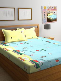 FABINALIV - Multicolor Cartoon Print Cotton Blend King Bedsheet with 2 Pillow Covers