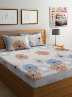FABINALIV - Grey Floral Cotton Blend King Bedsheet with 2 Pillow Covers