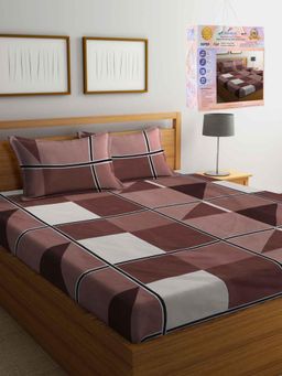 FABINALIV - Brown Geometric Cotton Blend Super King Bedsheet with 2 Pillow Covers