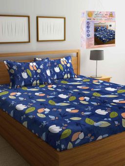 FABINALIV - Blue Floral Cotton Blend Super King Bedsheet with 2 Pillow Covers