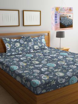 FABINALIV - Grey Floral Cotton Blend Super King Bedsheet with 2 Pillow Covers