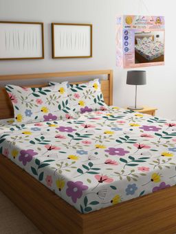 FABINALIV - Multicolor Floral Cotton Blend Super King Bedsheet with 2 Pillow Covers