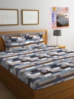 FABINALIV - Multicolor Geometric Cotton Blend Super King Bedsheet with 2 Pillow Covers