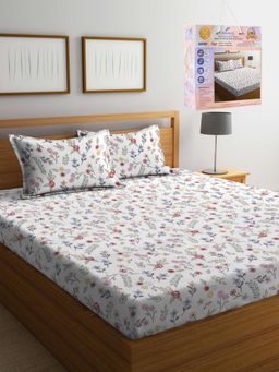 FABINALIV - Multicolor Floral Cotton Blend Super King Bedsheet with 2 Pillow Covers