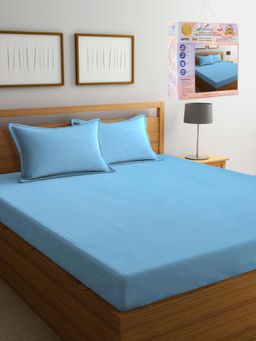 FABINALIV - Sky Blue Striped Cotton Blend Super King Bedsheet with 2 Pillow Covers
