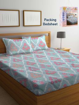 FABINALIV - Green Floral Cotton Blend Super King Bedsheet with 2 Pillow Covers