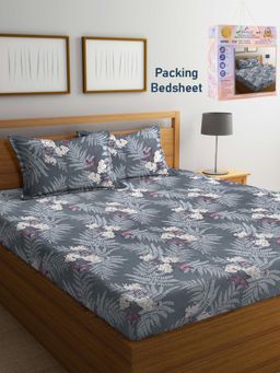 FABINALIV - Grey Floral Cotton Blend Super King Bedsheet with 2 Pillow Covers
