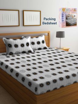 FABINALIV - Grey Floral Cotton Blend Super King Bedsheet with 2 Pillow Covers
