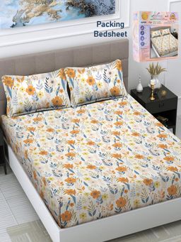 FABINALIV - Multicolor Floral Cotton Blend Super King Bedsheet with 2 Pillow Covers