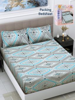 FABINALIV - Multicolor Geometric Cotton Blend Super King Bedsheet with 2 Pillow Covers