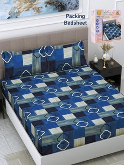 FABINALIV - Blue Geometric Cotton Blend Super King Bedsheet with 2 Pillow Covers
