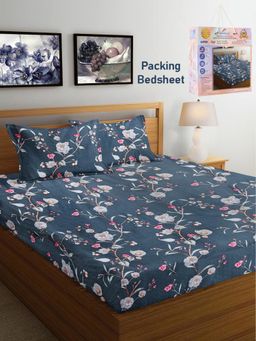 FABINALIV - Grey Floral Cotton Blend Super King Bedsheet with 2 Pillow Covers