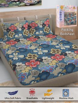 FABINALIV - Multicolor Floral Cotton Blend Super King Bedsheet with 2 Pillow Covers
