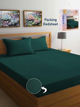 FABINALIV - Dark Green Striped Cotton Blend Super King Bedsheet with 2 Pillow Covers