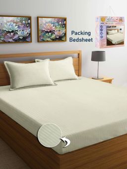 FABINALIV - Cream Striped Cotton Blend Super King Bedsheet with 2 Pillow Covers