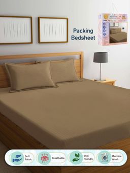 FABINALIV - Brown Striped Cotton Blend Super King Bedsheet with 2 Pillow Covers