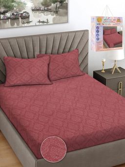 FABINALIV - Maroon Ethnic Cotton Blend Embossed Super King Bedsheet with 2 Pillow Covers