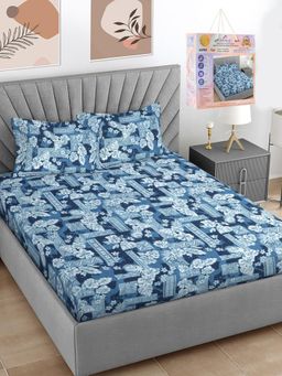 FABINALIV - Blue Floral Cotton Blend Super King Bedsheet with 2 Pillow Covers