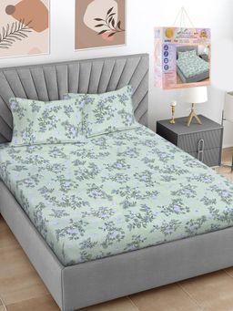 FABINALIV - Green Floral Cotton Blend Super King Bedsheet with 2 Pillow Covers