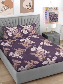FABINALIV - Wine Floral Cotton Blend Super King Bedsheet with 2 Pillow Covers