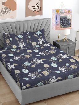 FABINALIV - Blue Floral Cotton Blend Super King Bedsheet with 2 Pillow Covers