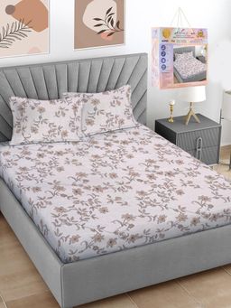 FABINALIV - Beige Floral Cotton Blend Super King Bedsheet with 2 Pillow Covers