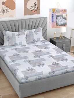 FABINALIV - Grey Geometric Cotton Blend Super King Bedsheet with 2 Pillow Covers