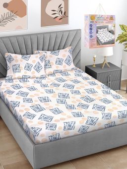 FABINALIV - Cream Geometric Cotton Blend Super King Bedsheet with 2 Pillow Covers