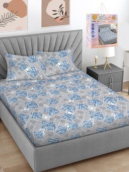 FABINALIV - Grey Geometric Cotton Blend Super King Bedsheet with 2 Pillow Covers