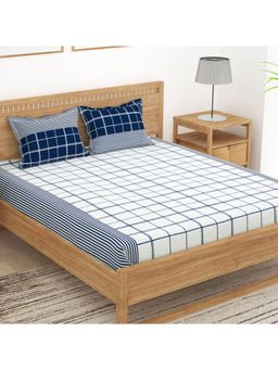 Story@Home - 100% Cotton Navy Blue and White Floral 1 Double Bedsheet with 2 Pillow Cover